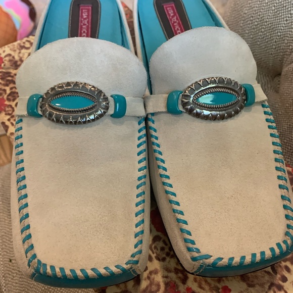 Shoes - Turquoise and cream suede mules!